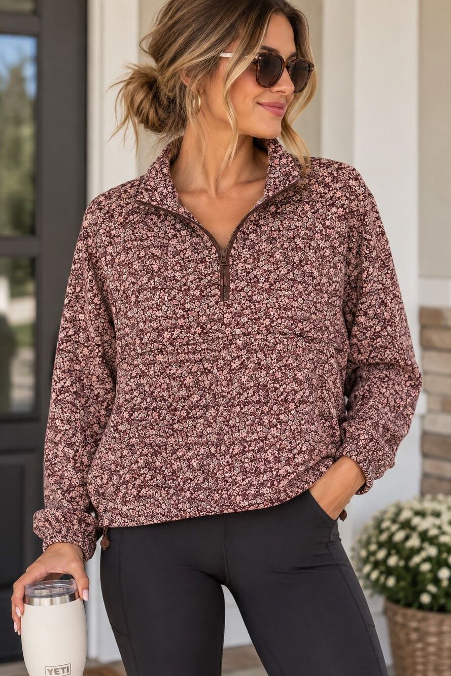 Member’s Mark Floral Print Quarter Zip Active Pullover Burgundy Pink Size Small